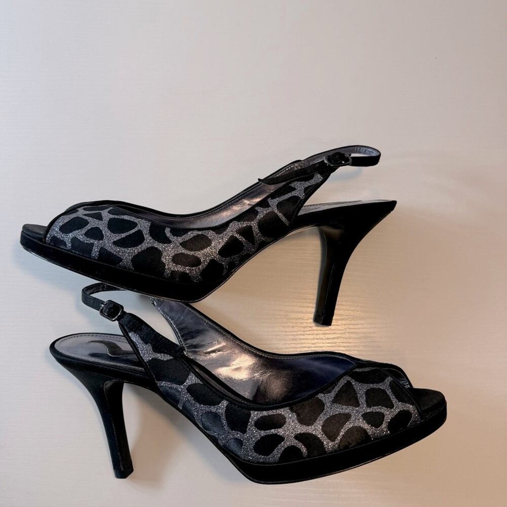 Nina Women's 8.5 Black Animal Leopard Print Slingback Peeptoe Heel Funky